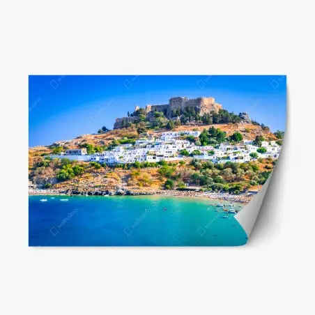 Repositionierbarer Aufkleber Lindos: akropolis über dem weißen dorf, Rhodos – Pixers®