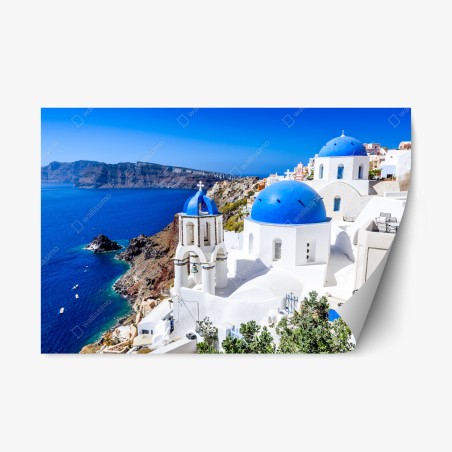 Repositionierbarer Aufkleber Santorini blaue kuppeln über der kaldera – Pixers®