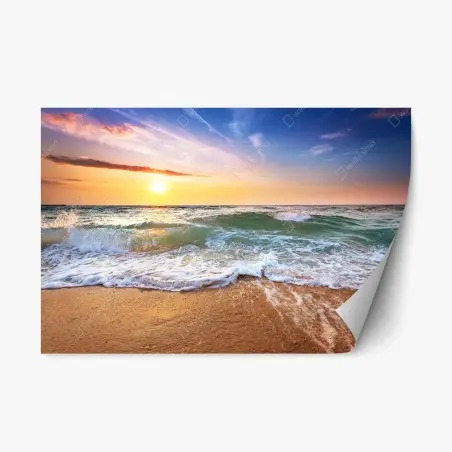 Repositionierbarer Aufkleber goldener sonnenuntergang am strand mit sanften wellen – Pixers®