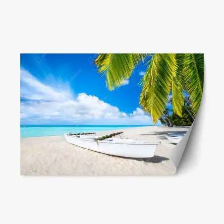 Repositionierbarer Aufkleber tropischer strand in türkis mit palmen und booten – Pixers®