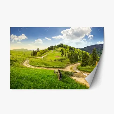 Repositionierbarer Aufkleber gewundener feldweg durch grüne hügel – Pixers®