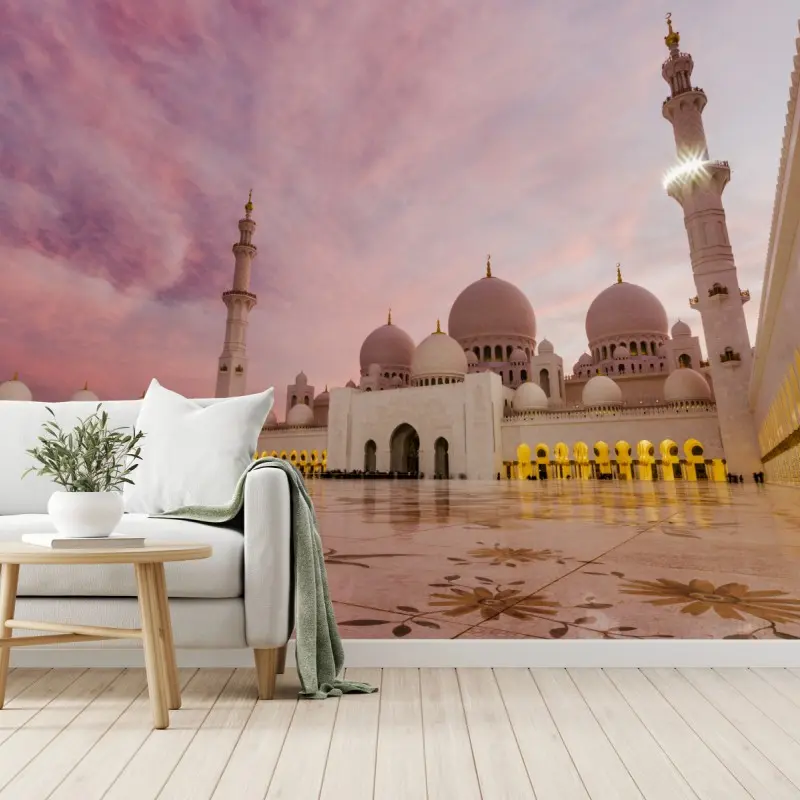 Fototapete ruhiger sonnenuntergang an der moschee Sheikh Zayed