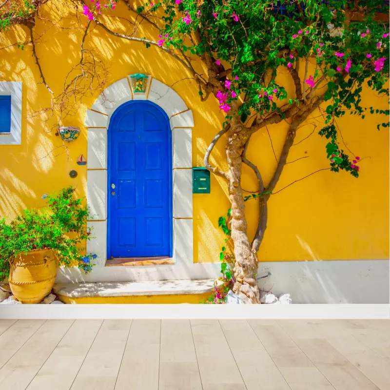 Fototapete leuchtend blaue tür in Assos, Kefalonia