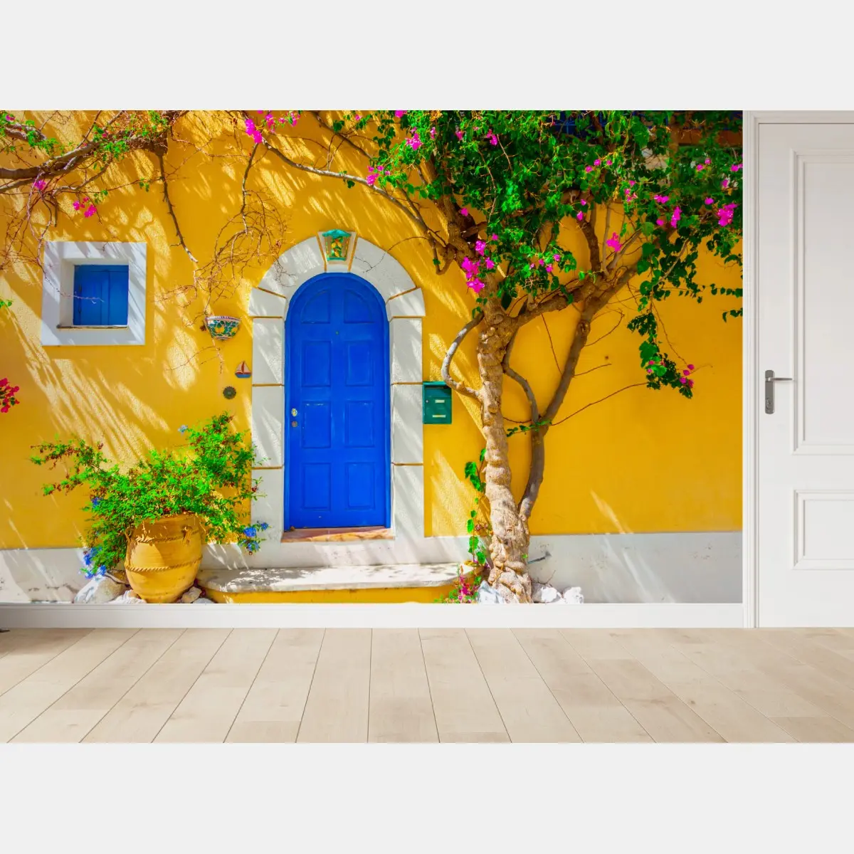 Fototapete leuchtend blaue tür in Assos, Kefalonia – Pixers®