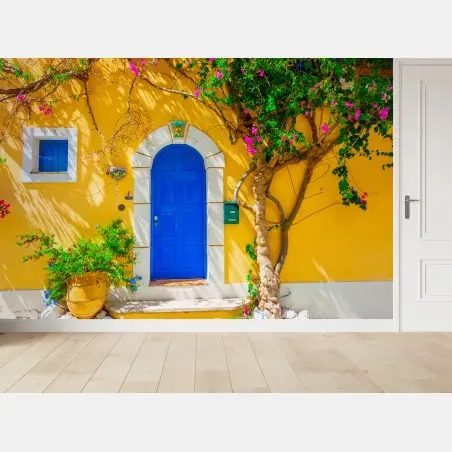 Fototapete leuchtend blaue tür in Assos, Kefalonia – Pixers®