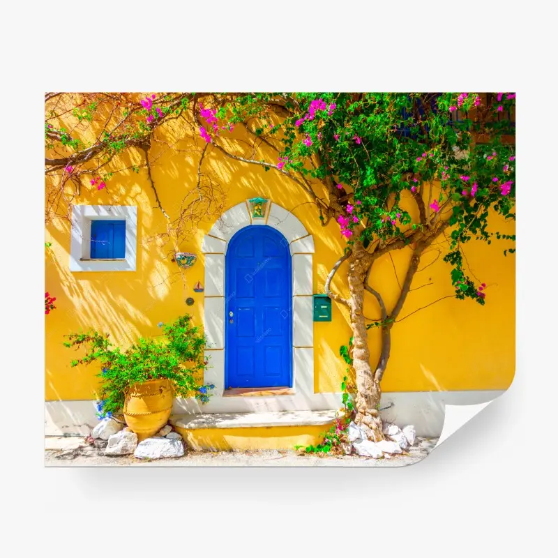 Fototapete leuchtend blaue tür in Assos, Kefalonia