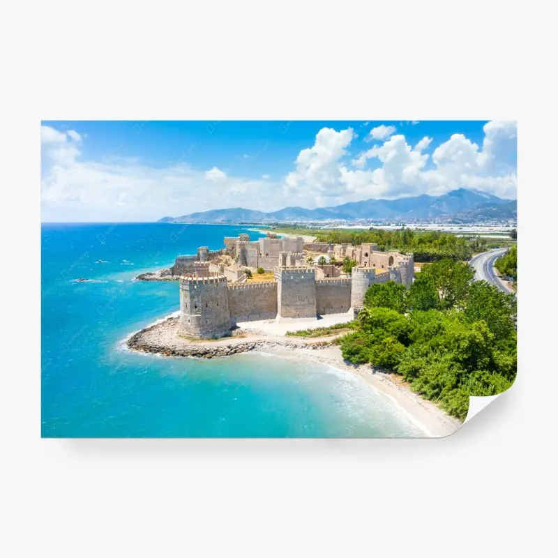 Fototapete burg an der türkisfarbenen bucht