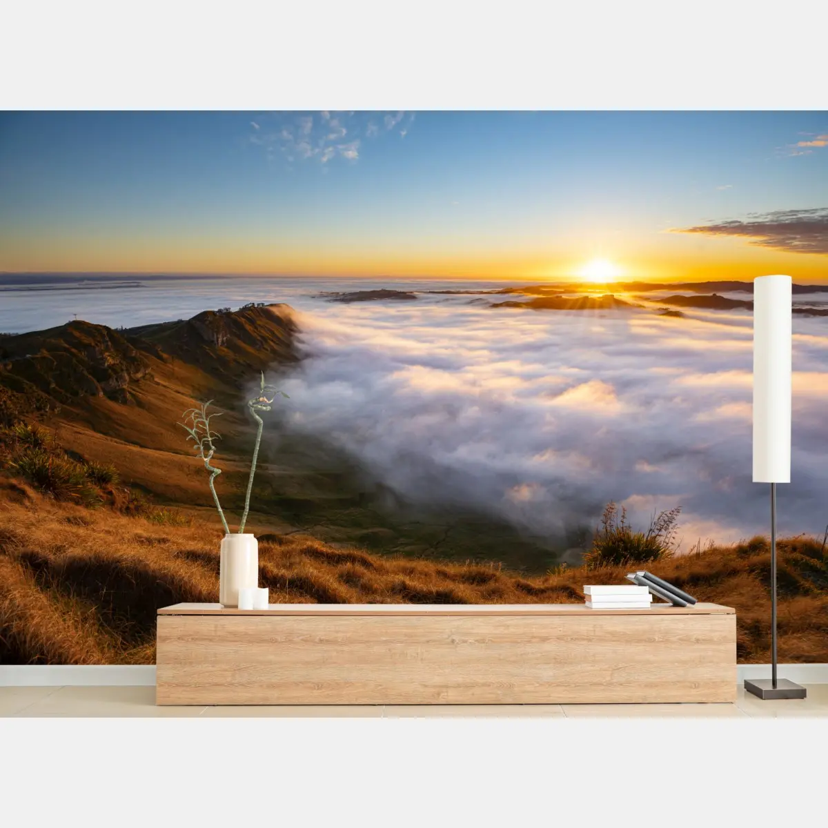 Fototapete sonnenaufgang über nebeligem bergtal – Pixers®
