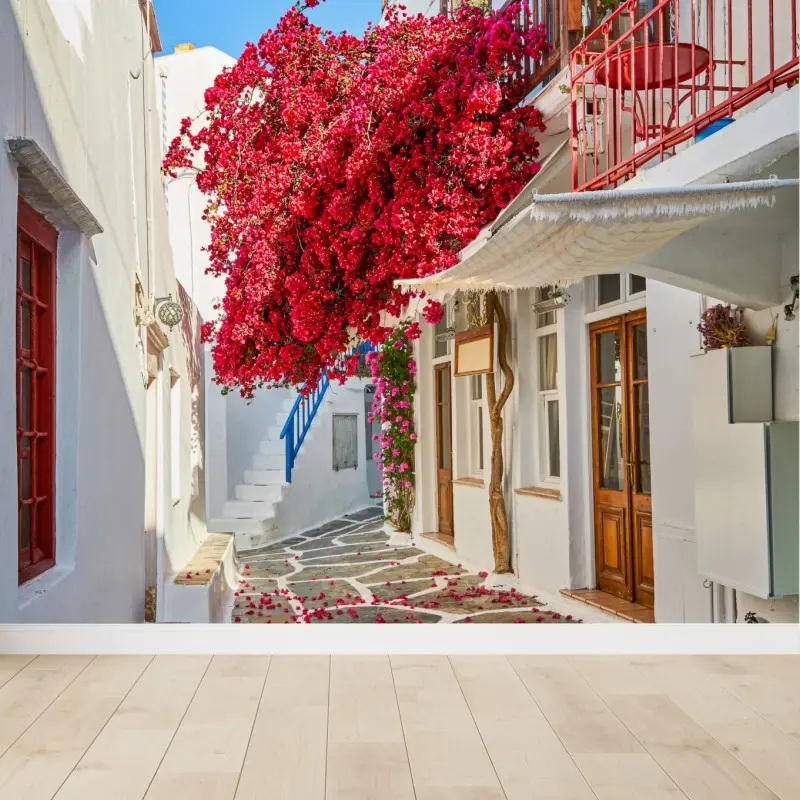 Fototapete sonnige mediterrane gasse mit bougainvillea