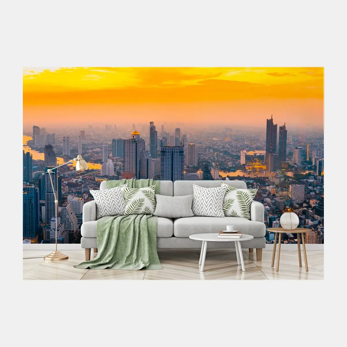 Fototapete goldene stadtsilhouette bei sonnenuntergang – Pixers®