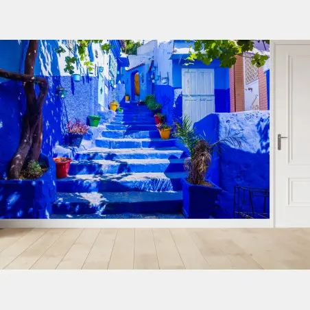Fototapete blaue treppen in Chefchaouen, Marokko – Pixers®