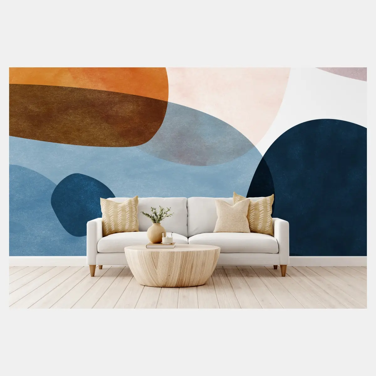 Fototapete organische aquarellformen in blau und orange – Pixers®