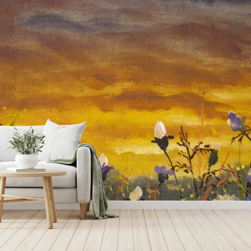 Fototapete sonnenuntergang auf einer wildblumenwiese mit gänseblümchen und kornblumen