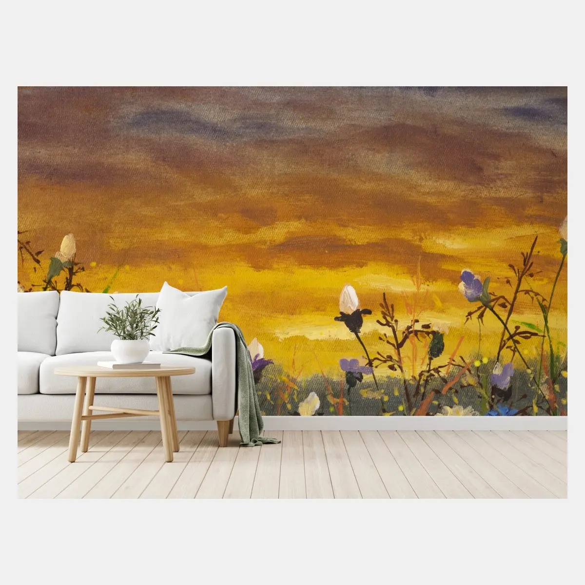 Fototapete sonnenuntergang auf einer wildblumenwiese mit gänseblümchen und kornblumen – Pixers®