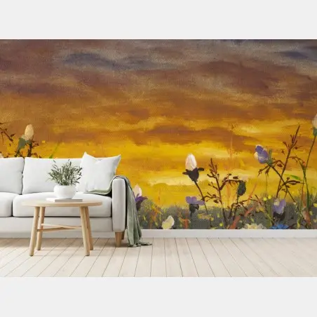 Fototapete sonnenuntergang auf einer wildblumenwiese mit gänseblümchen und kornblumen – Pixers®