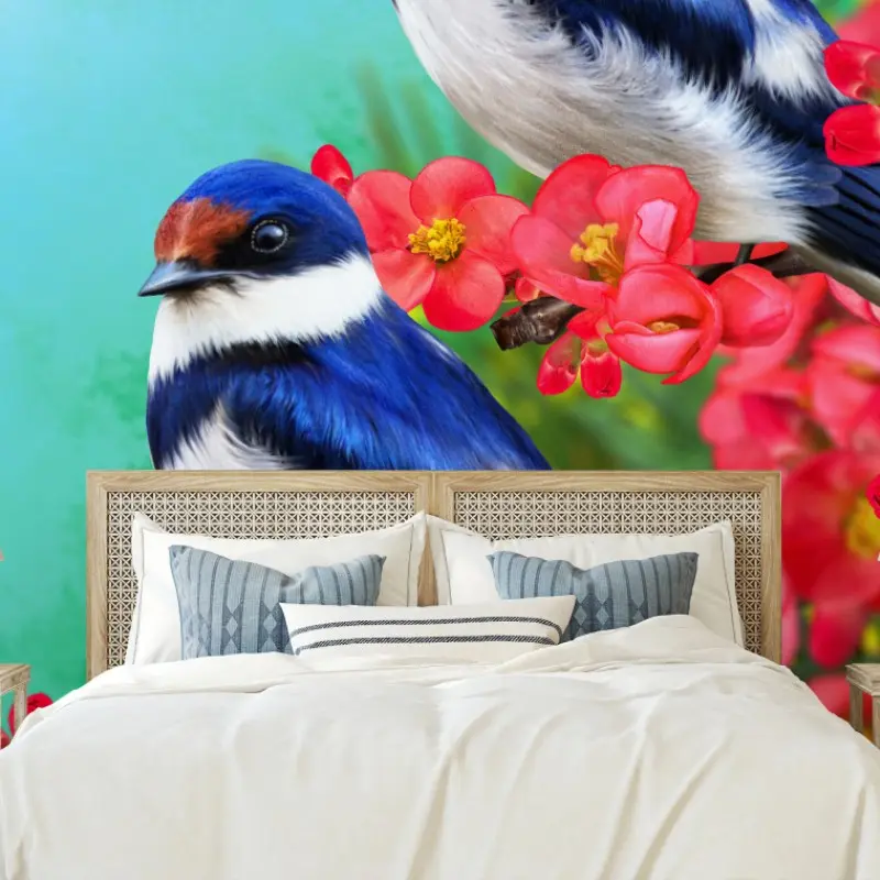Fototapete blaue vögel zwischen rosa blüten
