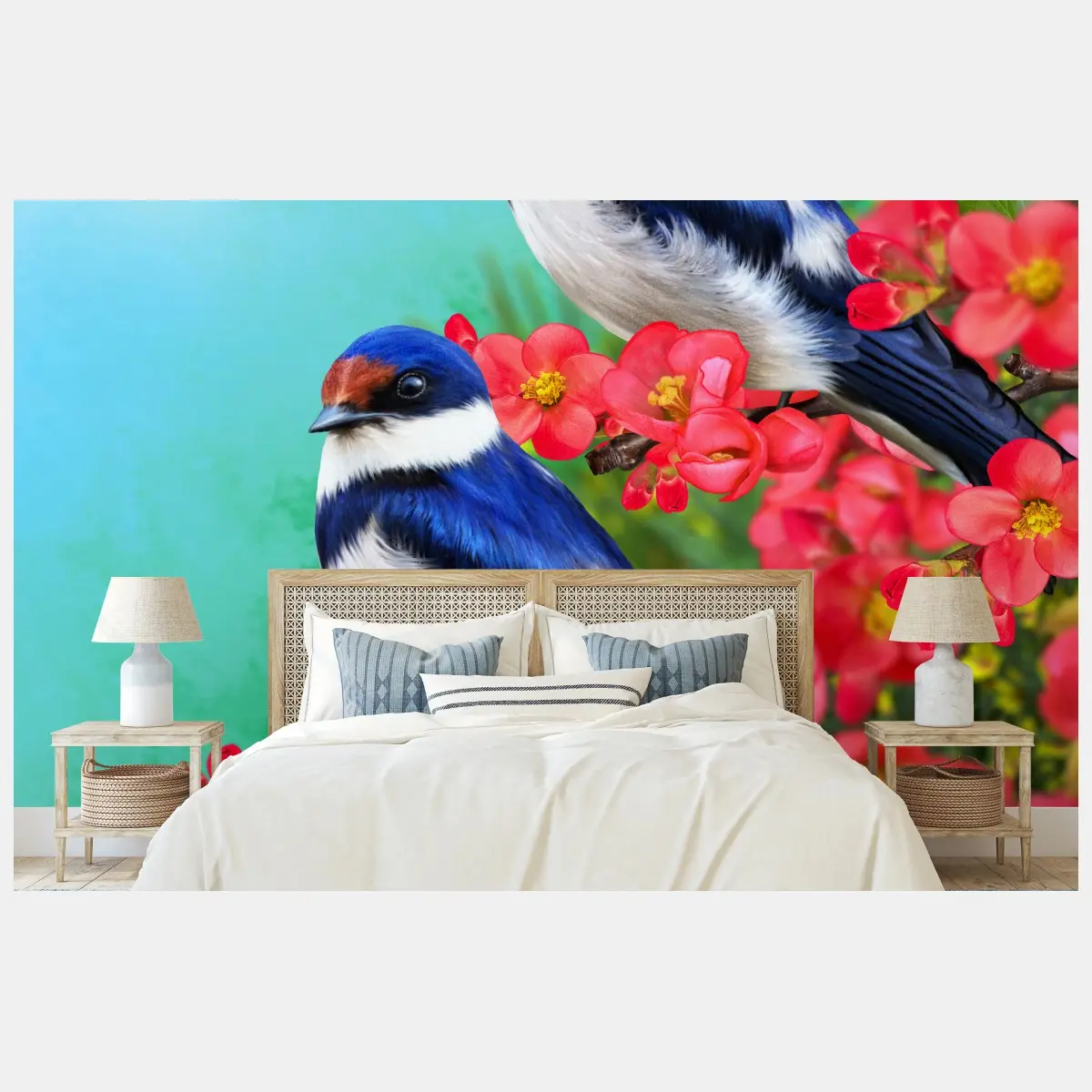 Fototapete blaue vögel zwischen rosa blüten – Pixers®