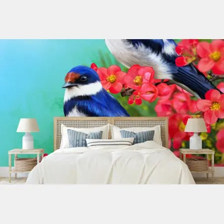 Fototapete blaue vögel zwischen rosa blüten – Pixers®