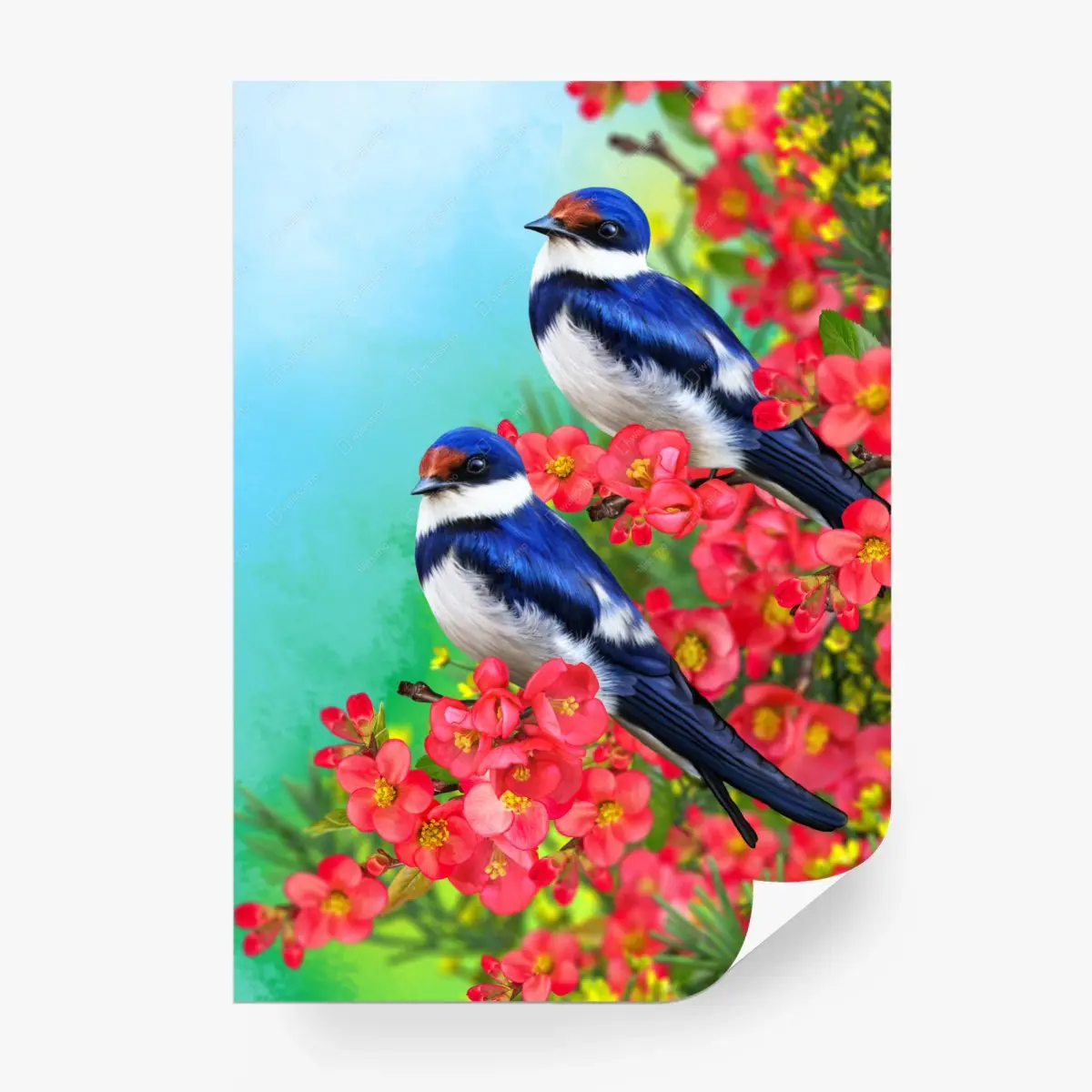 Fototapete blaue vögel zwischen rosa blüten – Pixers®