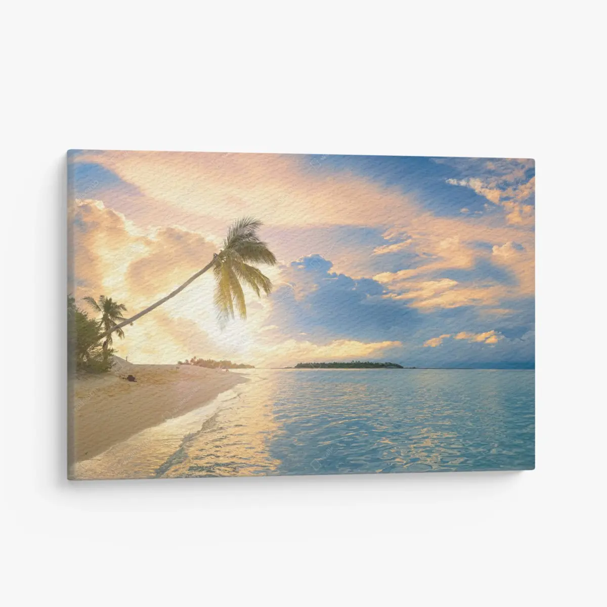 Leinwandbild Malediven tropischer sonnenuntergang mit palmensilhouette – Pixers®