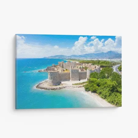 Leinwandbild burg an der türkisfarbenen bucht – Pixers®