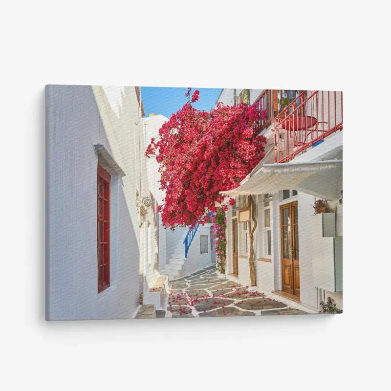 Leinwandbild sonnige mediterrane gasse mit bougainvillea