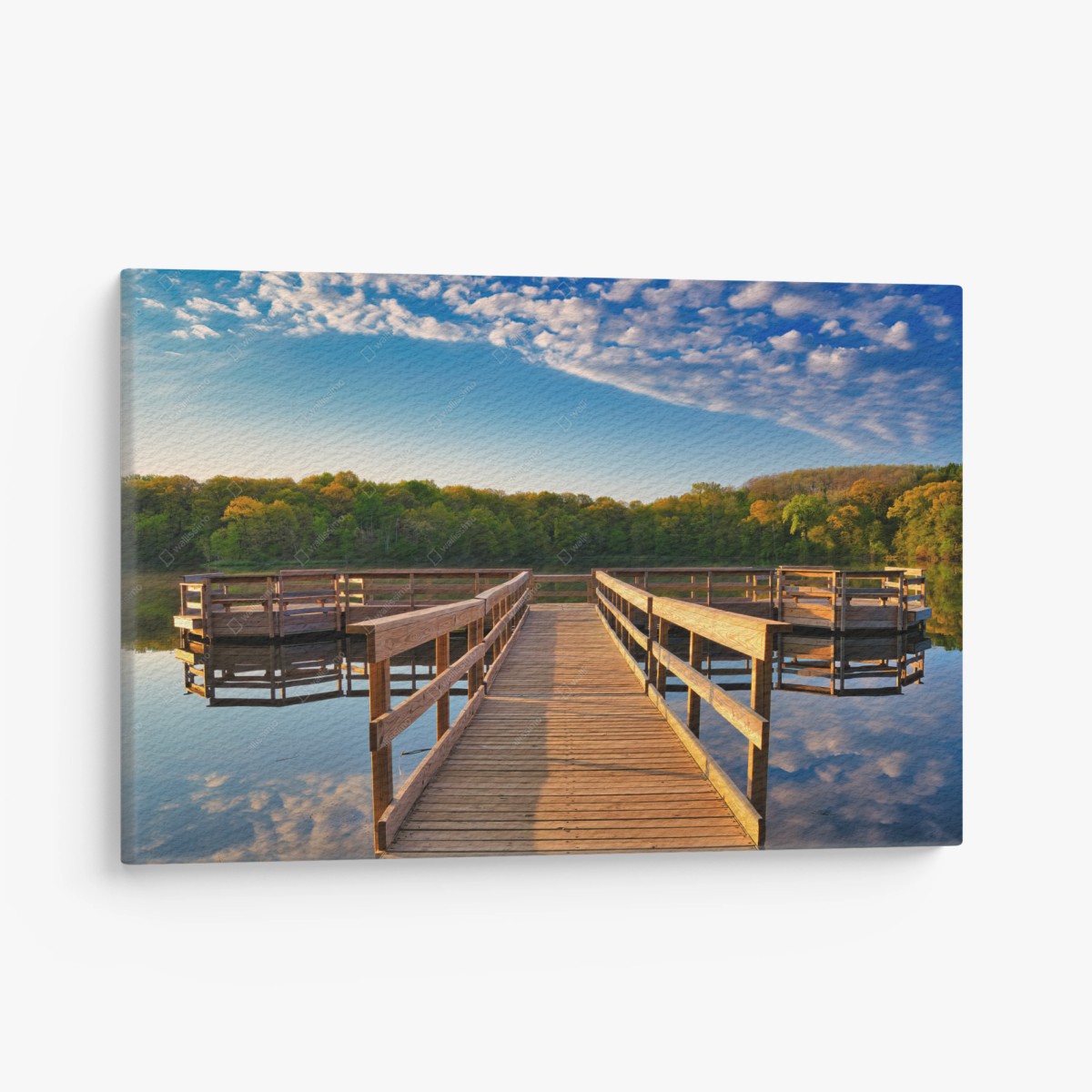 Leinwandbild ruhiger steg am see bei sonnenaufgang – Pixers®