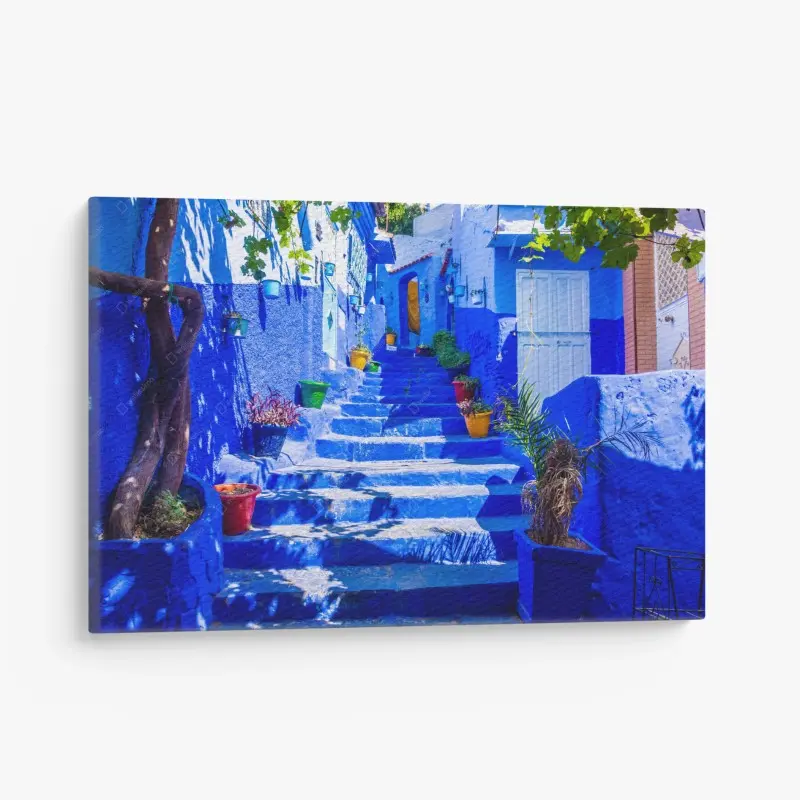 Leinwandbild blaue treppen in Chefchaouen, Marokko