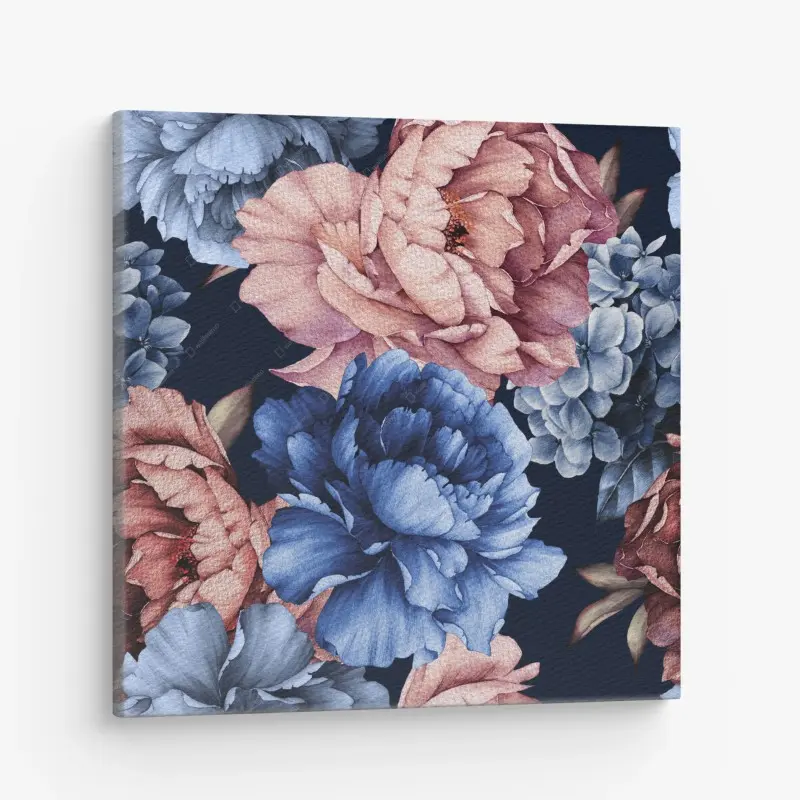 Leinwandbild aquarell pfingstrosen auf tiefblauem hintergrund
