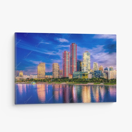 Leinwandbild lebendige stadtskyline bei dämmerung – Pixers®