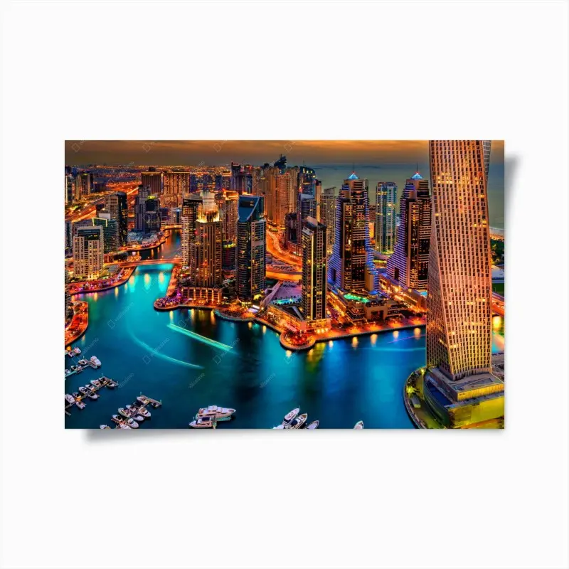 Poster lebendige Dubai marina skyline bei dämmerung