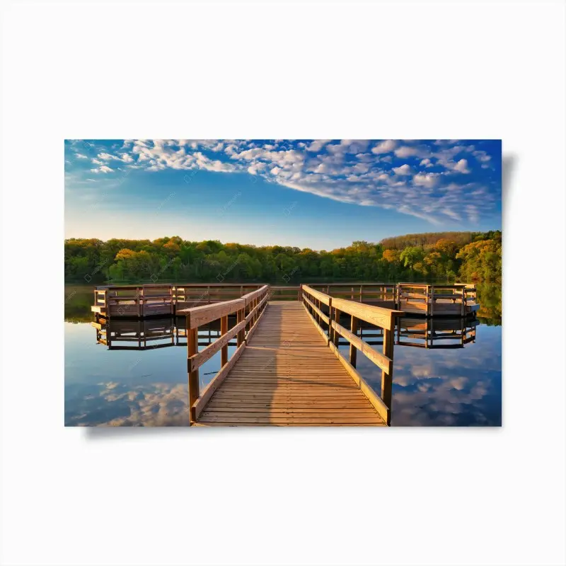 Poster ruhiger steg am see bei sonnenaufgang