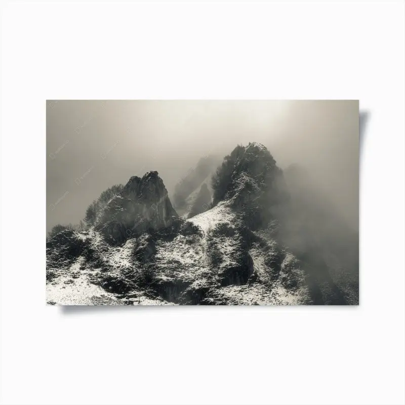 Poster neblige verschneite berggipfel