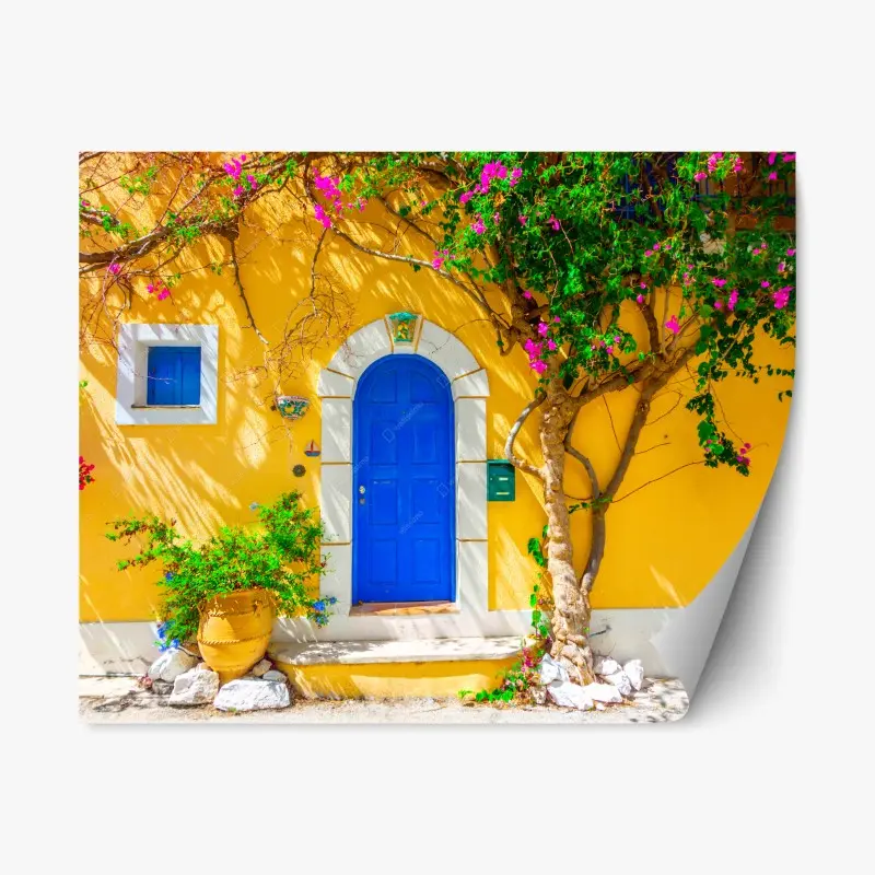 Repositionierbarer Aufkleber leuchtend blaue tür in Assos, Kefalonia