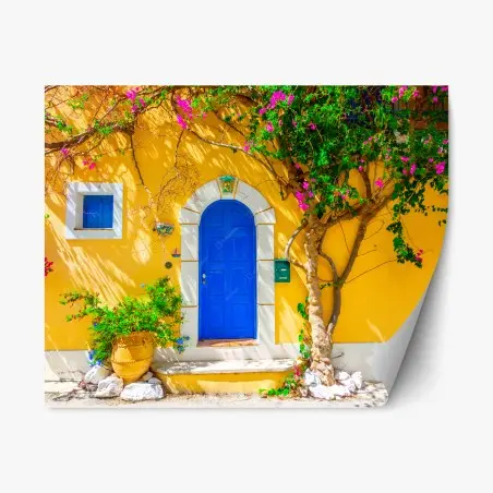 Repositionierbarer Aufkleber leuchtend blaue tür in Assos, Kefalonia – Pixers®
