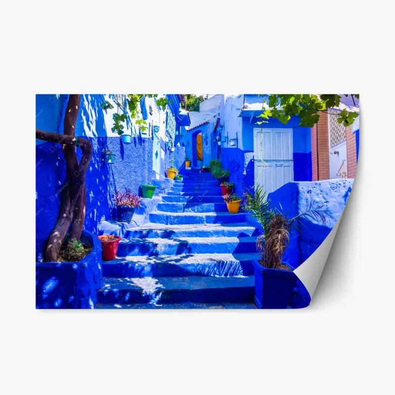 Repositionierbarer Aufkleber blaue treppen in Chefchaouen, Marokko