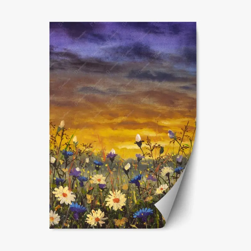 Repositionierbarer Aufkleber sonnenuntergang auf einer wildblumenwiese mit gänseblümchen und kornblumen