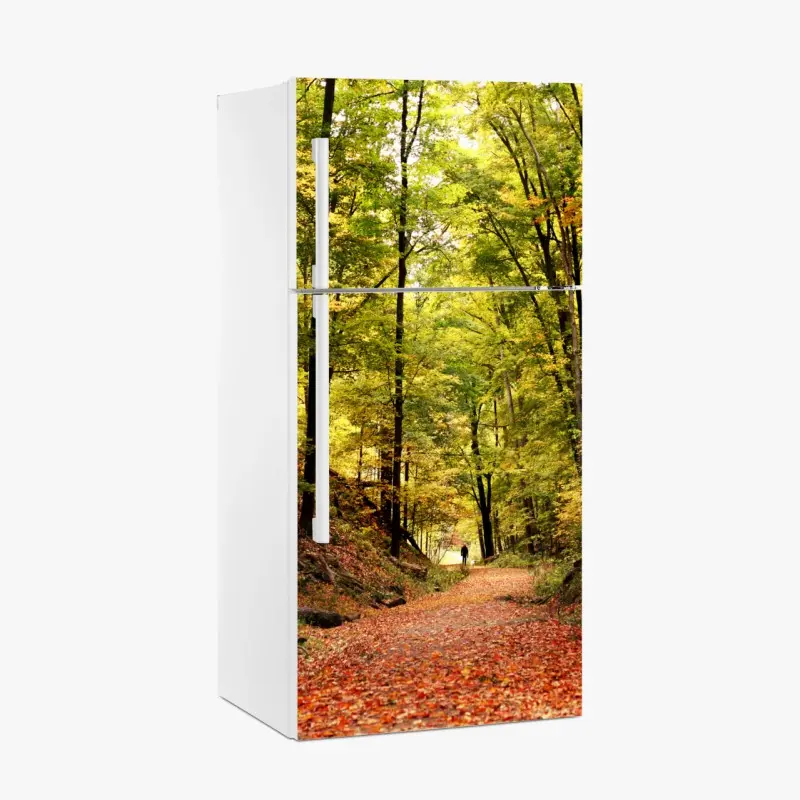 Kühlschrankaufkleber herbstlicher waldweg unter grünem blätterdach