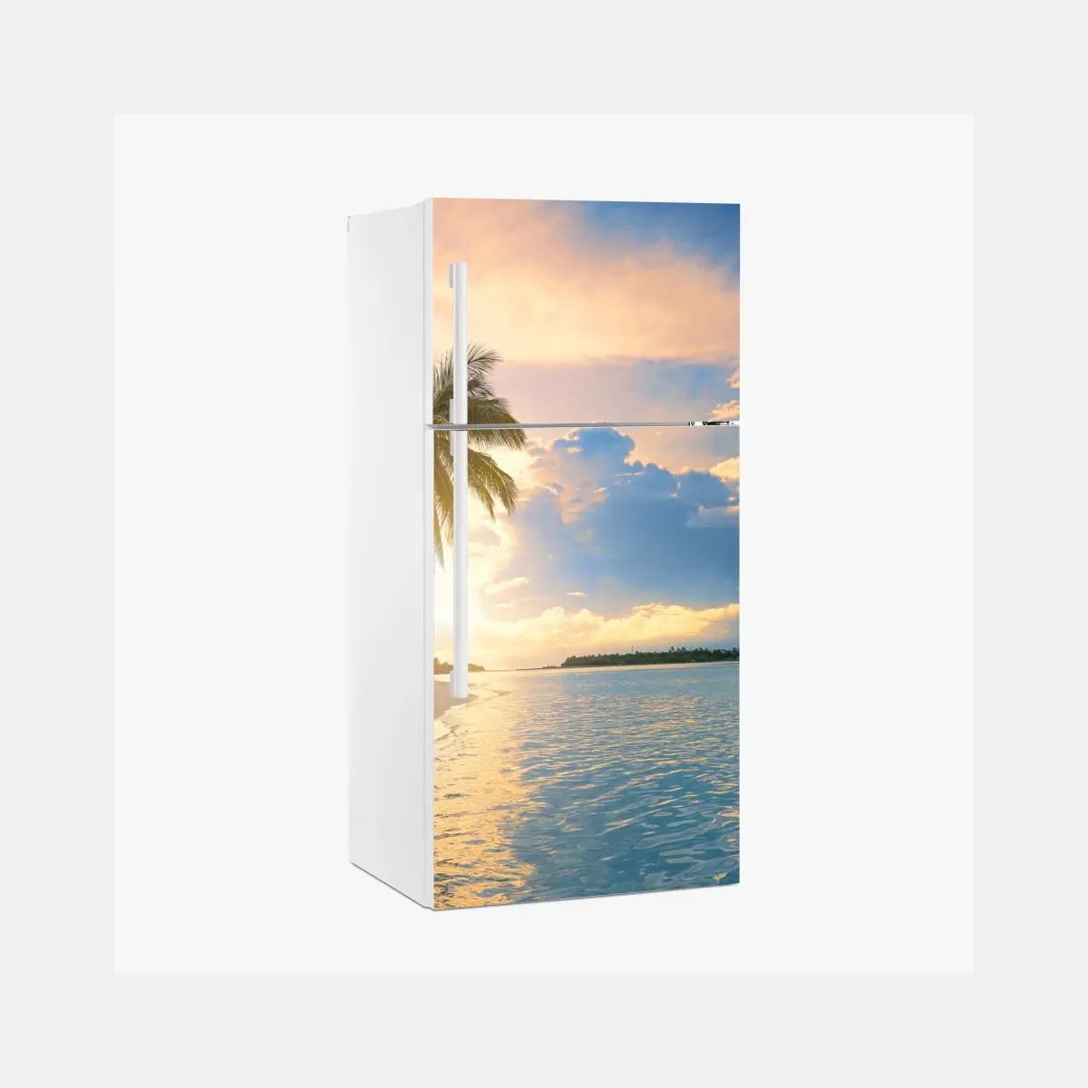 Kühlschrankaufkleber Malediven tropischer sonnenuntergang mit palmensilhouette – Pixers®