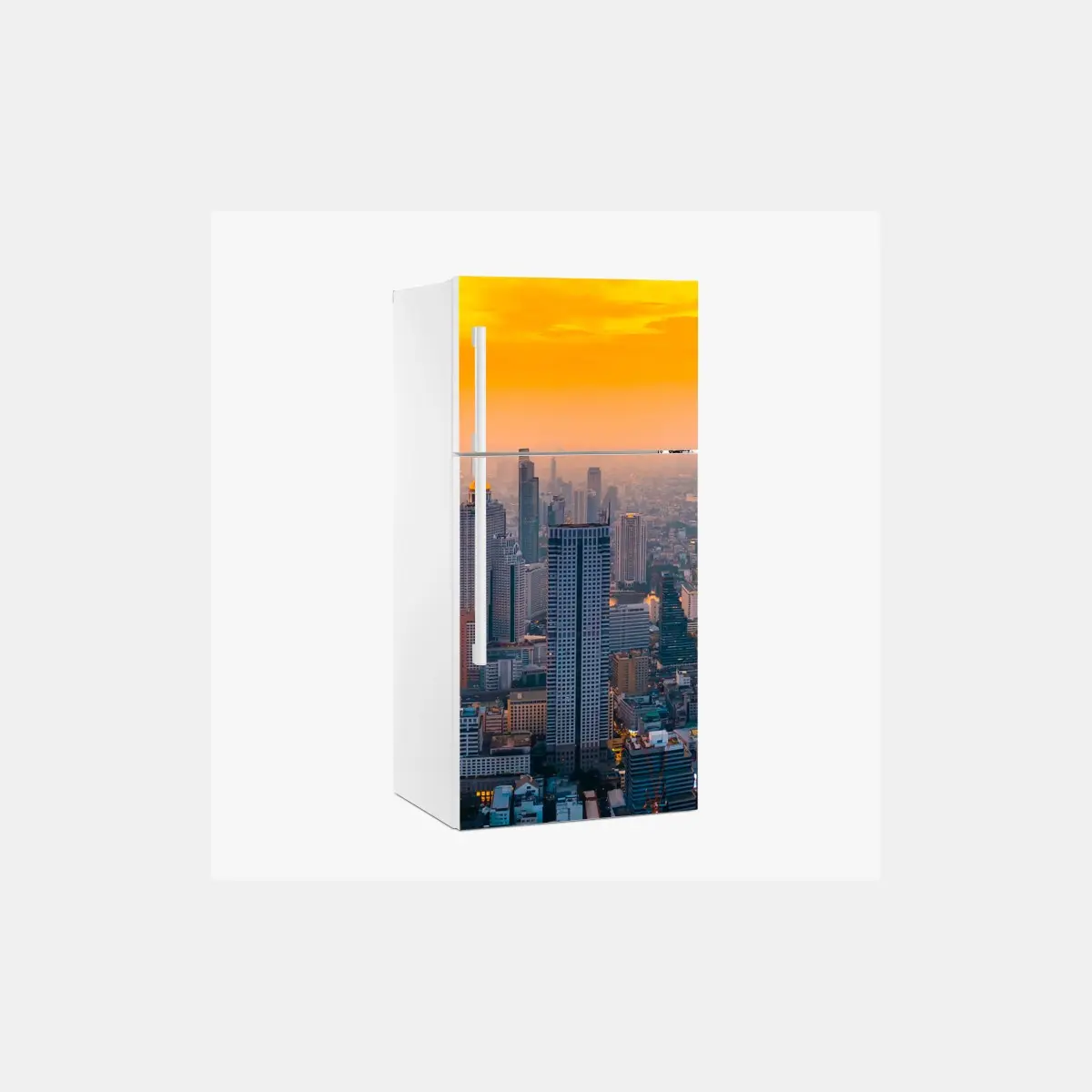 Kühlschrankaufkleber goldene stadtsilhouette bei sonnenuntergang – Pixers®