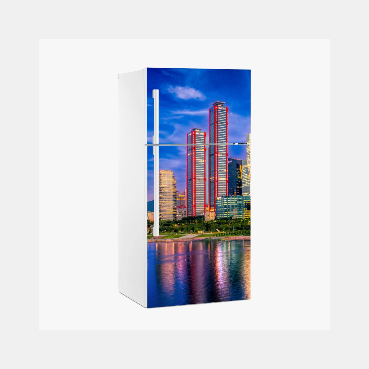 Kühlschrankaufkleber lebendige stadtskyline bei dämmerung – Pixers®
