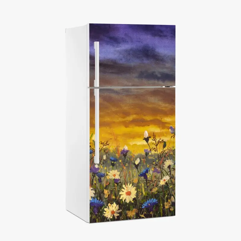 Kühlschrankaufkleber sonnenuntergang auf einer wildblumenwiese mit gänseblümchen und kornblumen