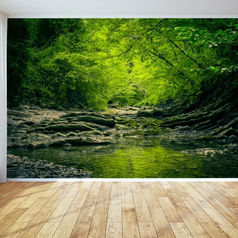 Fototapete üppiger grüner waldbach mit spiegelung