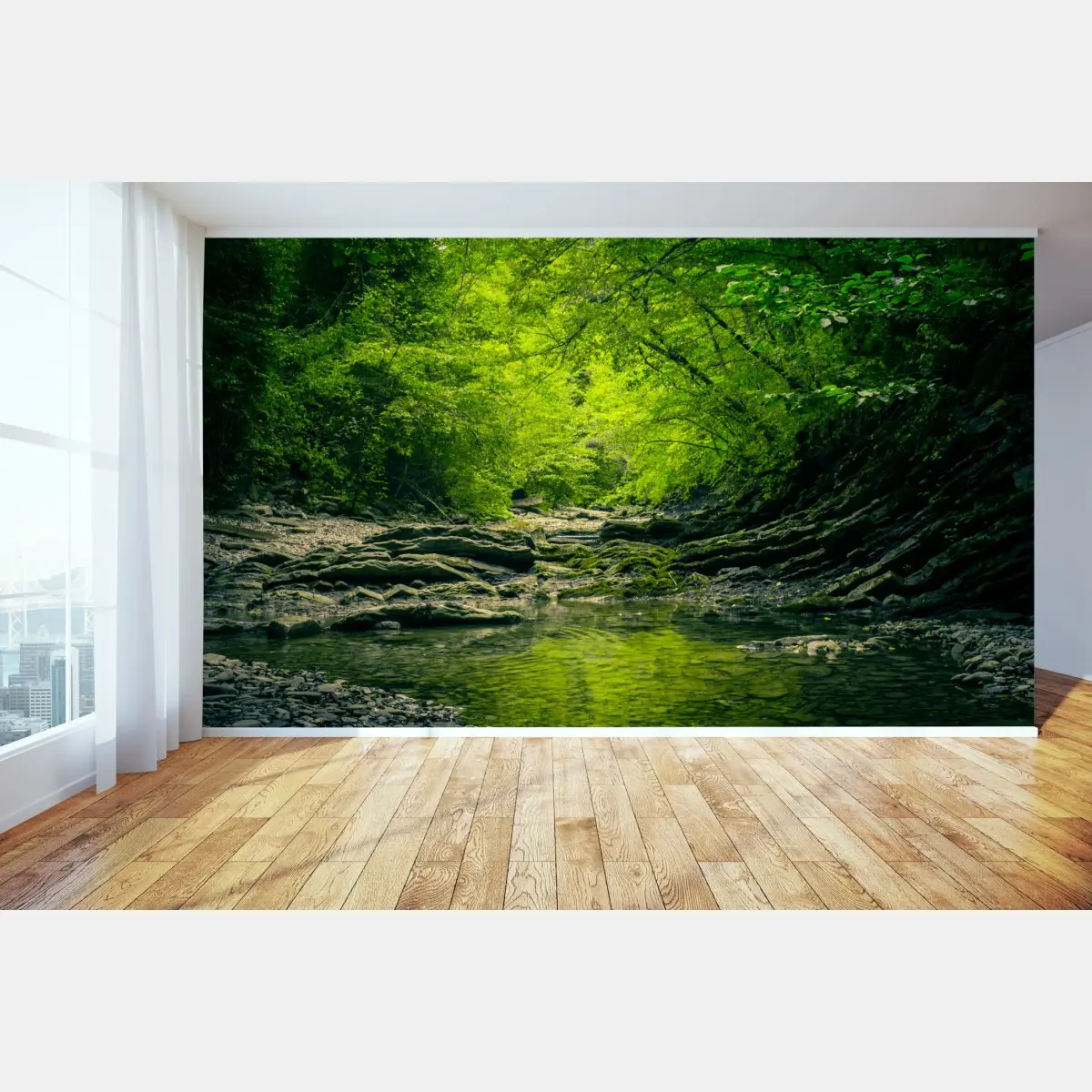 Fototapete üppiger grüner waldbach mit spiegelung – Pixers®