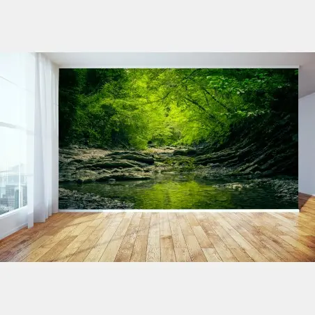 Fototapete üppiger grüner waldbach mit spiegelung – Pixers®