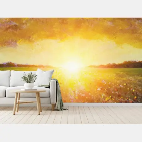 Fototapete sonnenbeschienenes mohnfeld bei sonnenaufgang – Pixers®