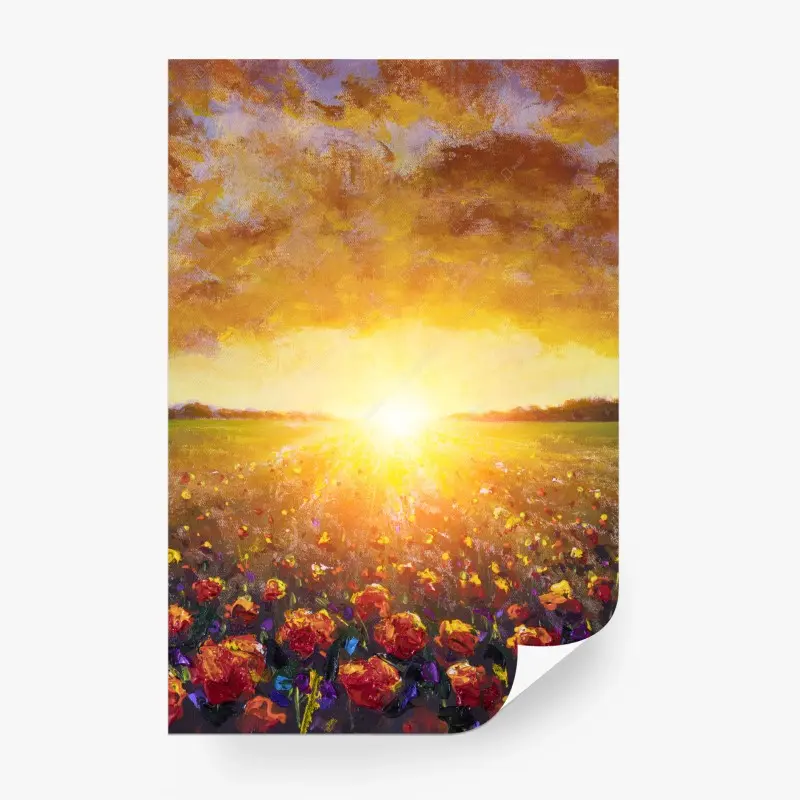 Fototapete sonnenbeschienenes mohnfeld bei sonnenaufgang