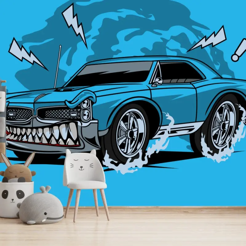 Fototapete blauer muscle car pop-art illustration