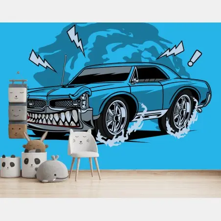 Fototapete blauer muscle car pop-art illustration – Pixers®