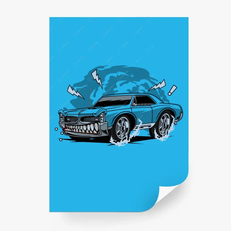 Fototapete blauer muscle car pop-art illustration